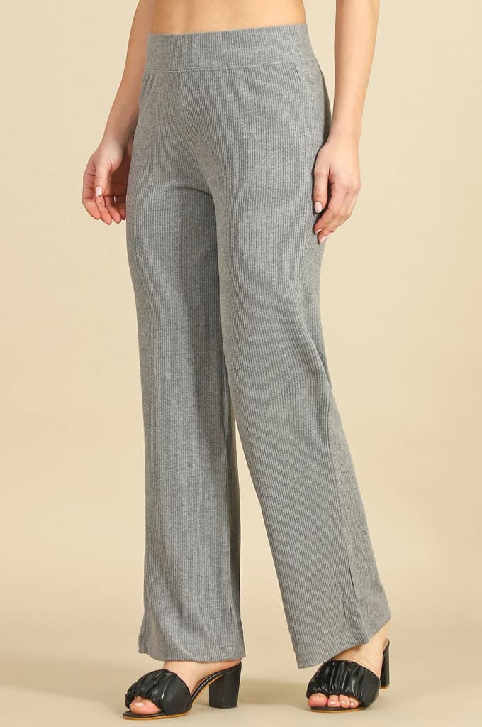 Grey Solid Straight Fit Pants With Slip On Closure — photo 4