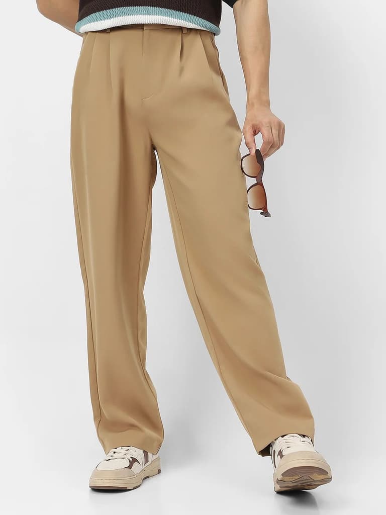 Men's Khaki Loose Baggy Fit Solid Korean Trousers Stretchable — photo 2