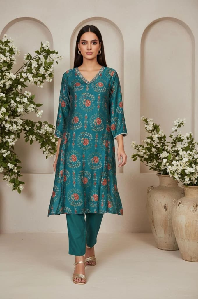 Teal Floral Printed Embellished A-Line Art Silk Kurta with Straight Pant Set — photo 2