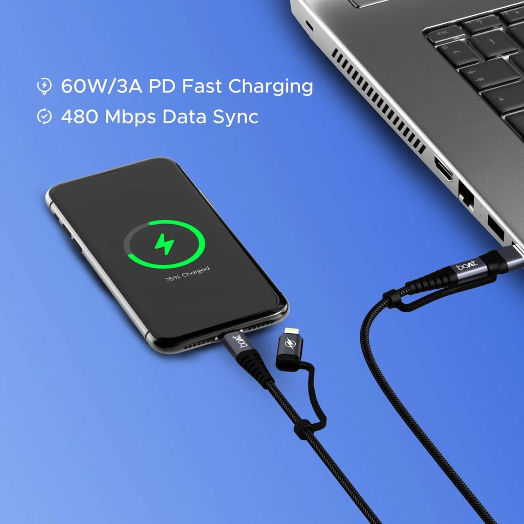 boAt Flexicharge 400 | 4-in-1 Charging Cable with 2 Swappable Heads, 480 Mbps Data Sync, USB-A, Type-C, & Lightning, 1.5m Cable — photo 2