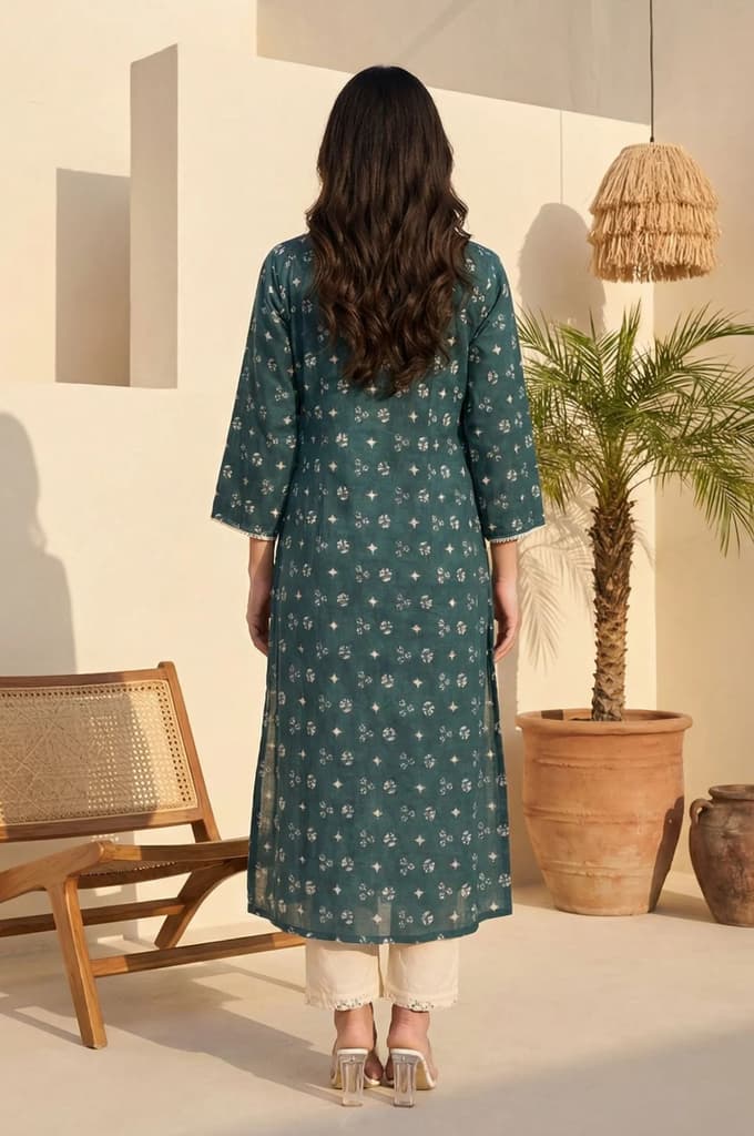 Teal Green Geometric Printed Lace Pure Cotton Straight Kurta — photo 4