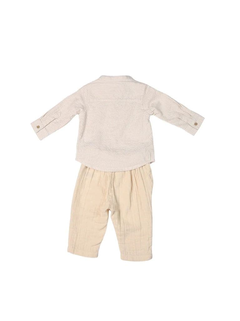 HOP Baby Boys Beige Striped Cotton Shirt and Pants Set — photo 3