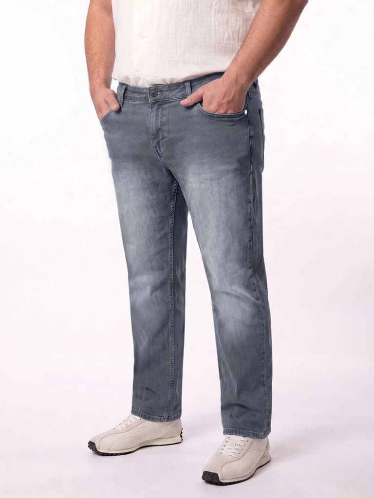 Plus Men's Grey Relaxed Fit Washed Denim Jeans Non-Stretchable — photo 2