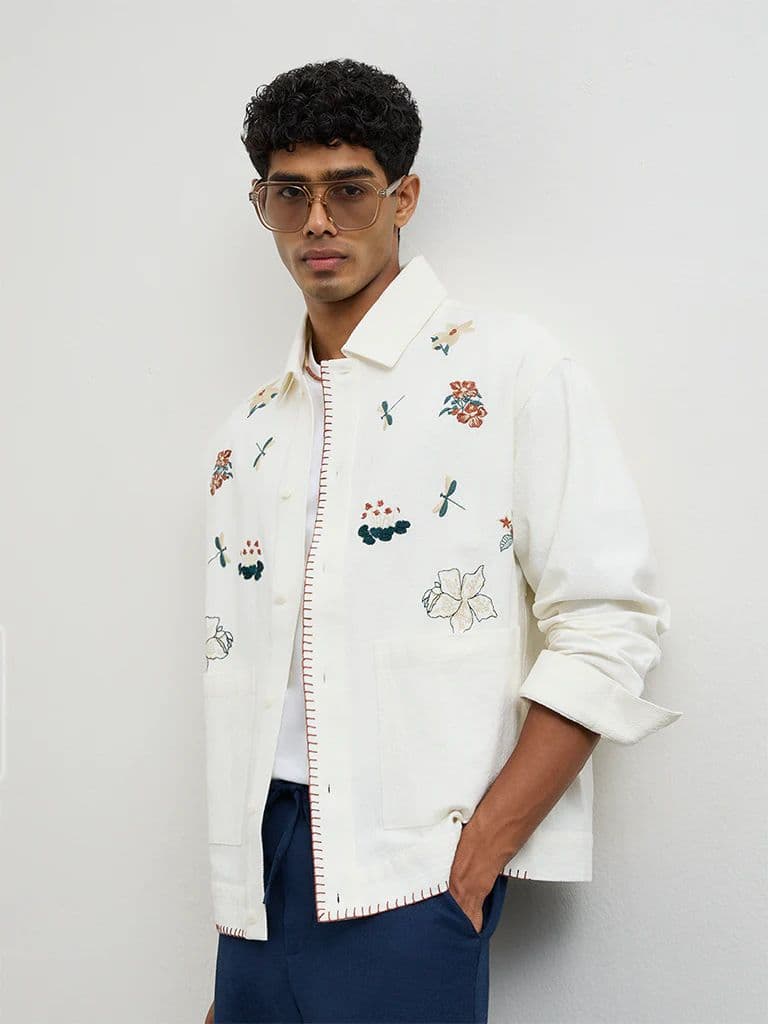 ETA Off-White Floral-Embroidered Relaxed-Fit Cotton Shirt