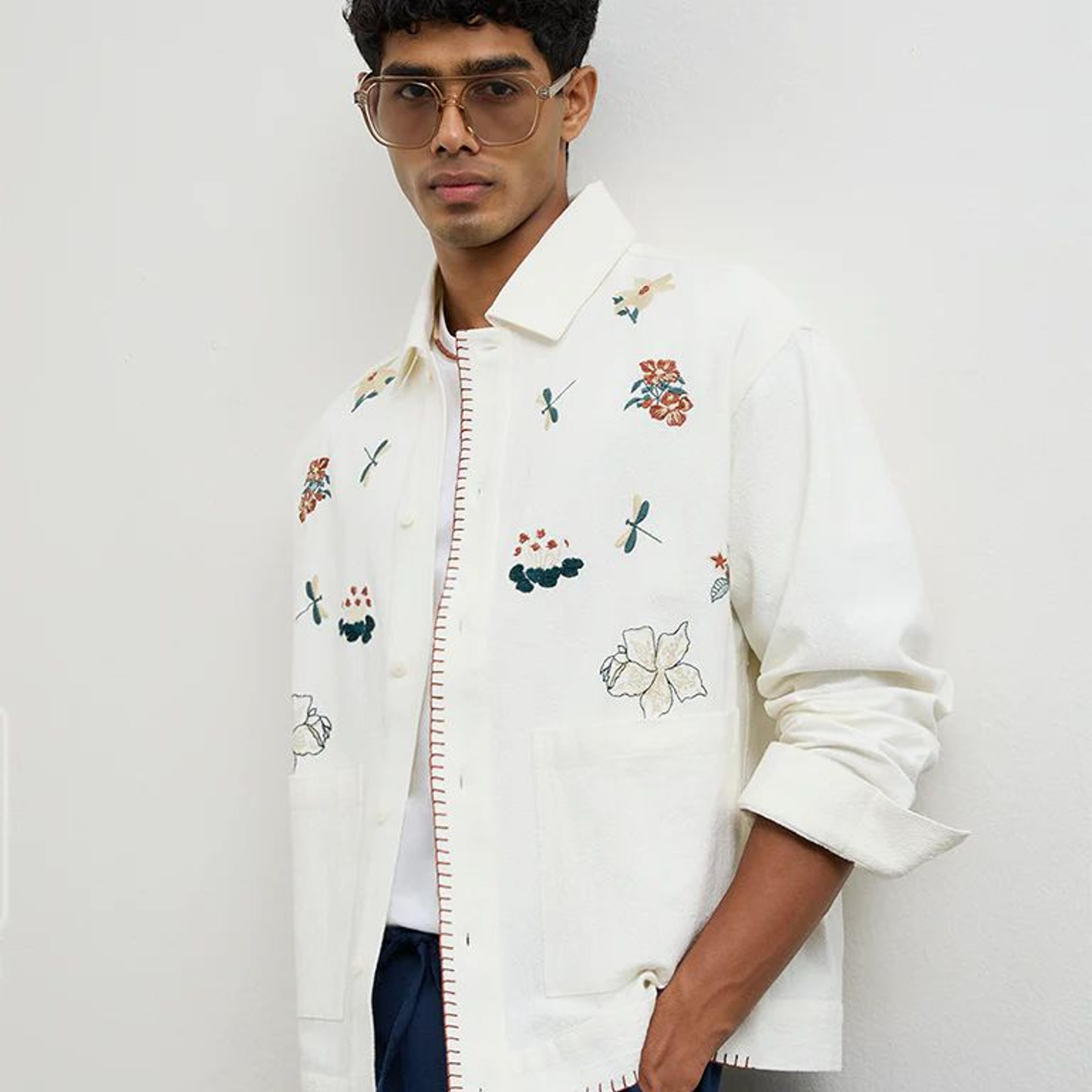 ETA Off-White Floral-Embroidered Relaxed-Fit Cotton Shirt