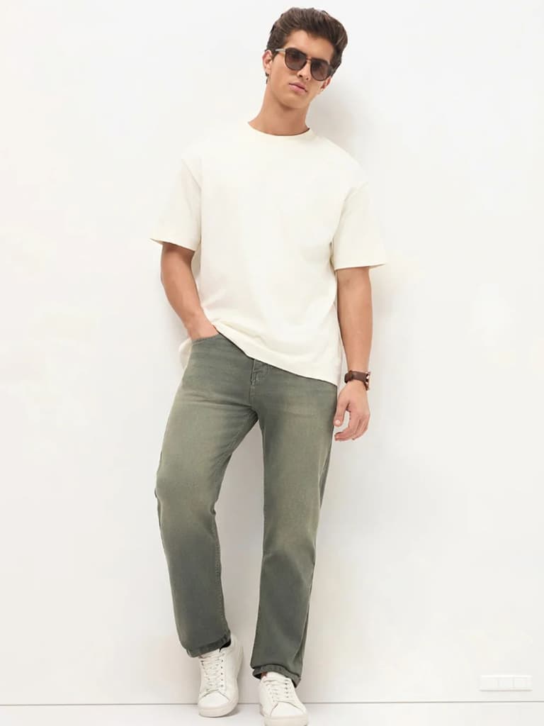 Men's Grey Regular Fit Whisker Wash Yellow Tint Denim Jeans Stretchable — photo 5