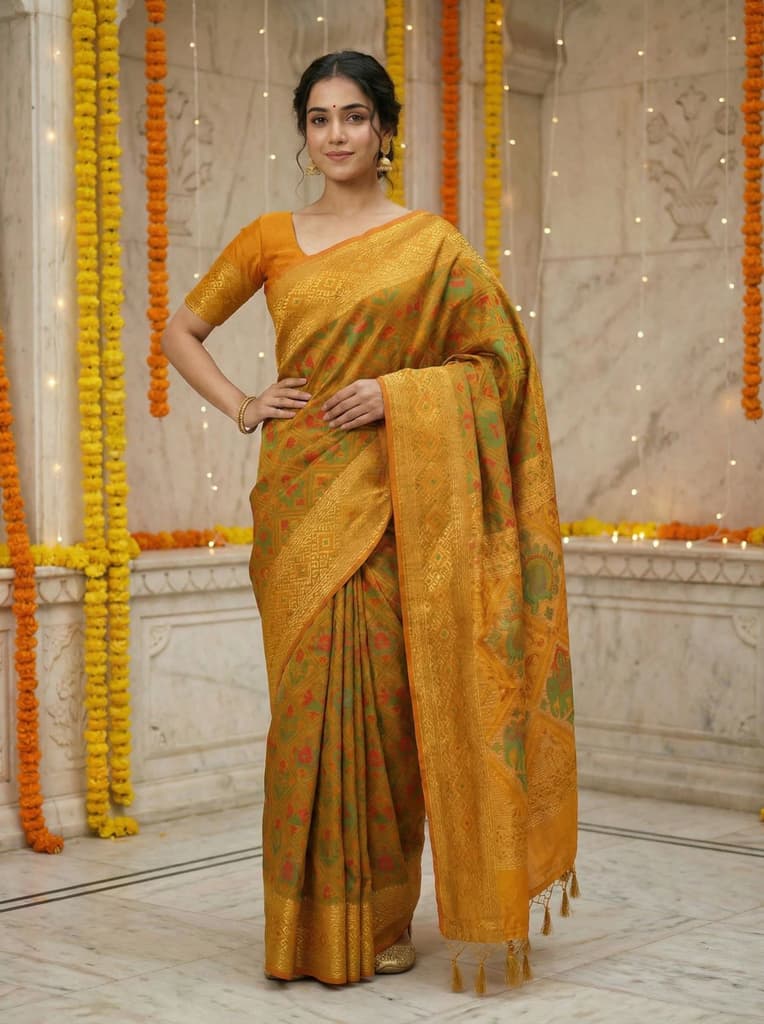 MIMOSA Women's Woven Design Paithani Style Raw Silk Saree with Blouse Piece - Mustard ( SA00003128MSFREE ) — photo 3