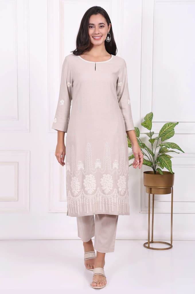 Beige Embroidered Rayon Straight Kurta and Straight Pants Co-ord Set — photo 2
