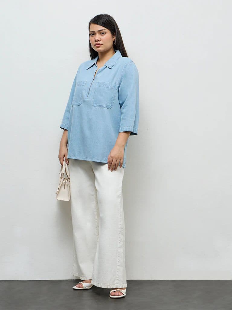 Gia Light Blue Washed Denim Blouse — photo 2