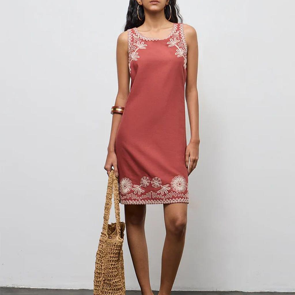 Bombay Paisley Rust Embroidered Cotton-Blend Shift Dress