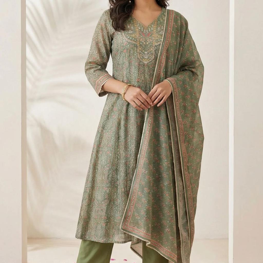 Olive Floral Printed Mirror Work Chanderi A-line Kurta with Straight Pants and Dupatta Set