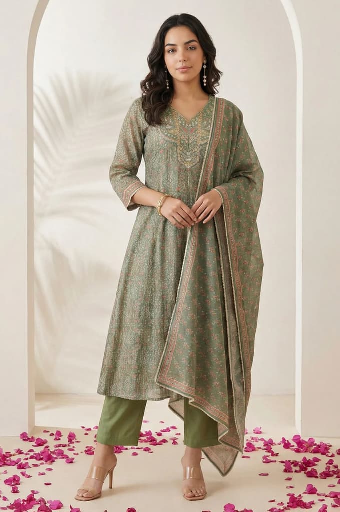 Olive Floral Printed Mirror Work Chanderi A-line Kurta with Straight Pants and Dupatta Set — XS