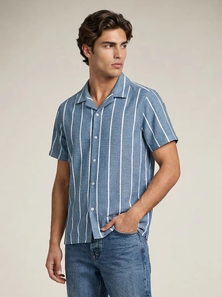 Men's Aqua Cotton Half Sleeve Relaxed Fit Linen Striped Shirt with Cuban Collar — photo 2