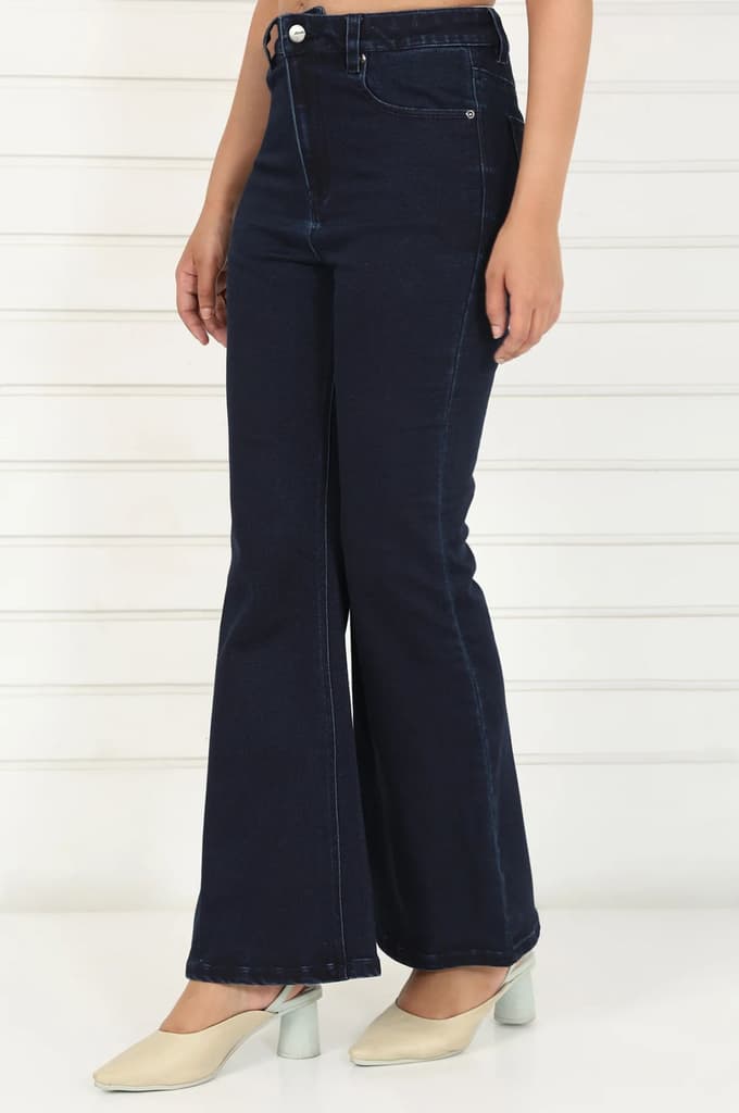 Blue Denim Lycra Mid Rise Ankle Length Flared Pants with YKK Zipper — photo 3
