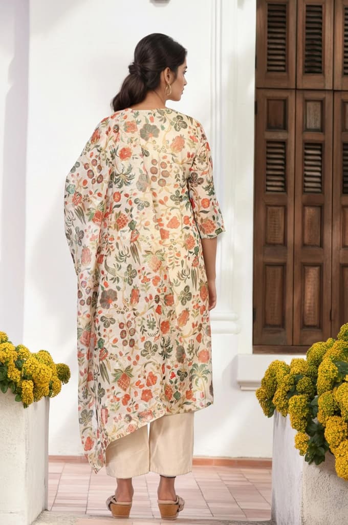 Off-White Floral Printed Straight Tissue Kurta with Straight Pant and Dupatta Set — photo 4
