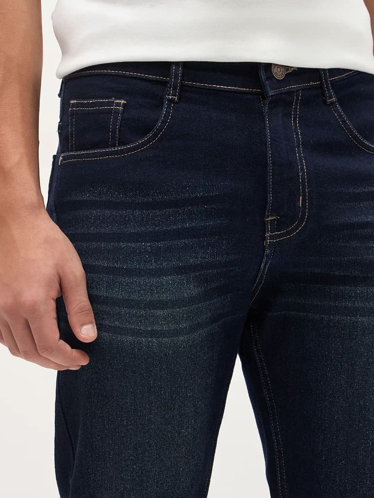 Men's Dark Blue Regular Fit Whisker Wash Yellow Tint Denim Jeans Stretchable — photo 6