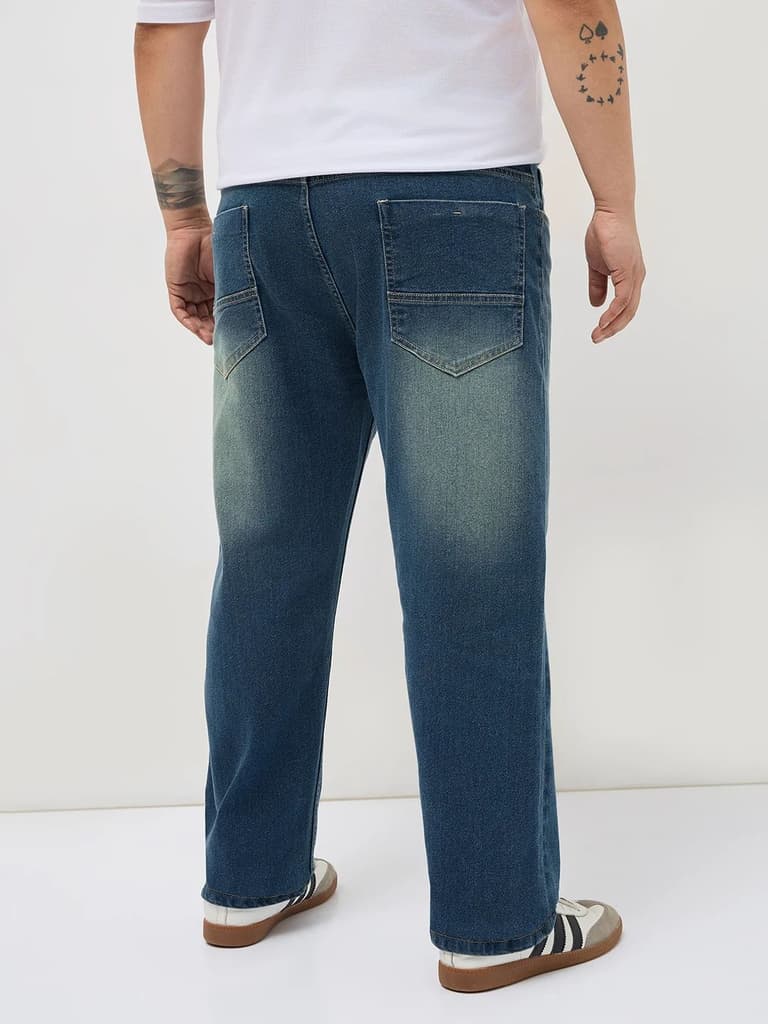 Plus Men's Light Blue Regular Fit Whisker Washed Yellow Tint Denim Jeans Stretchable — photo 3