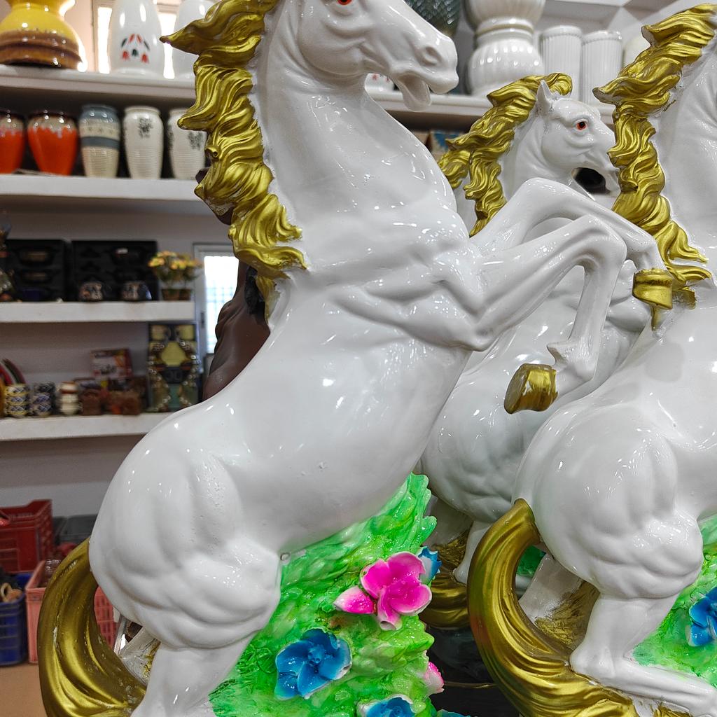 White Horse Statue | Ceramic | Gold Trim | Decorative