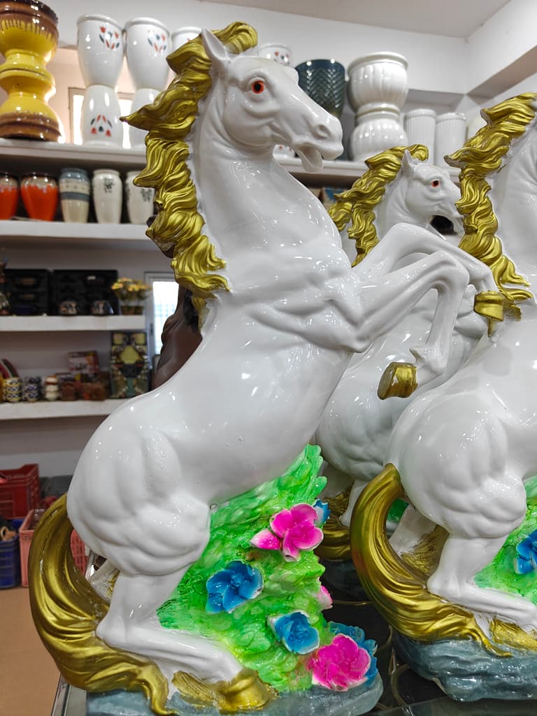 White Horse Statue | Ceramic | Gold Trim | Decorative