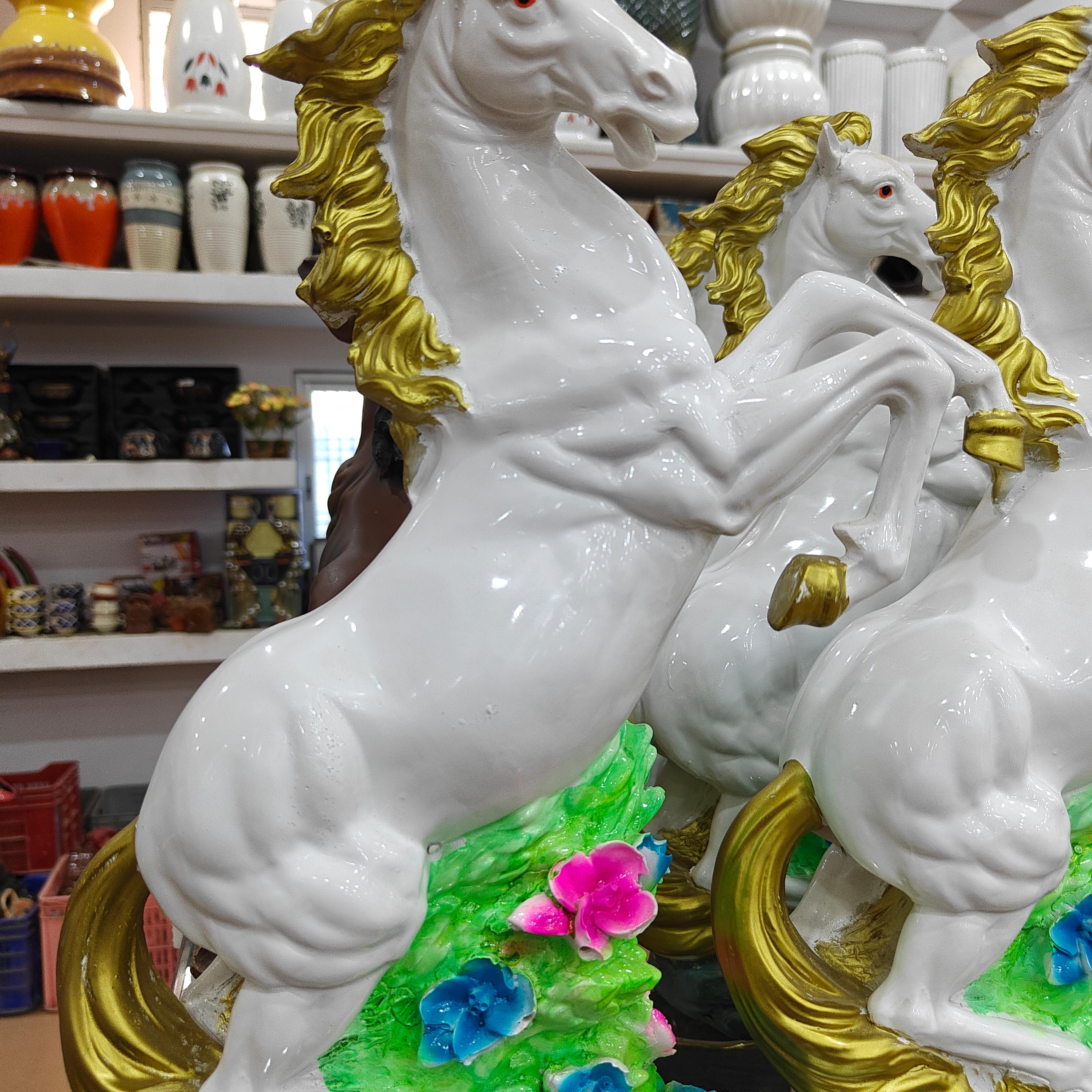 White Horse Statue | Ceramic | Gold Trim | Decorative