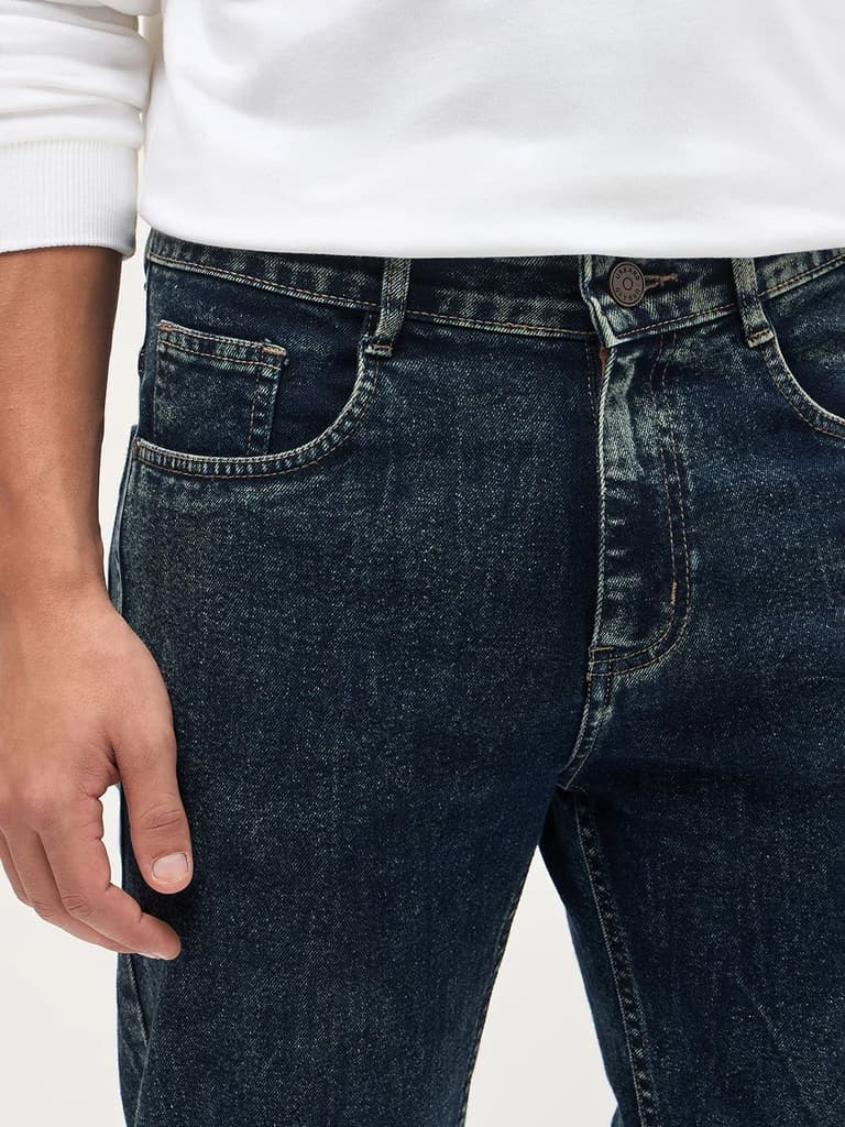 Men's Dark Blue Regular Fit Towel Washed Yellow Tint Denim Jeans Stretchable — photo 6