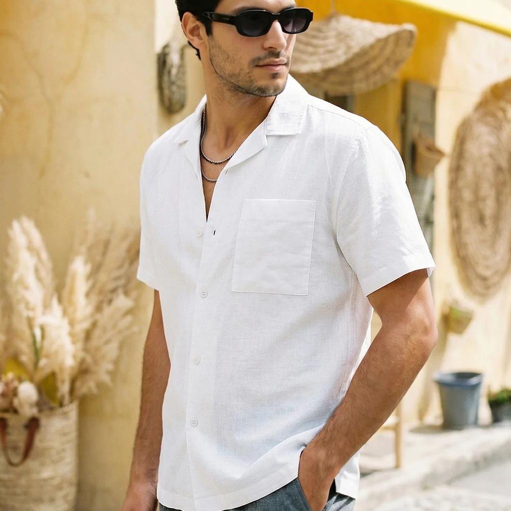 Men's White Linen Half Sleeve Oversized Fit Shirt with Cuban Collar