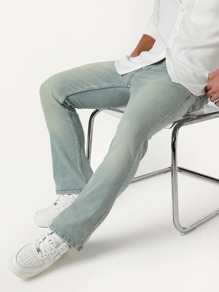 Men's Ice Blue Bootcut Fit Mid Rise Tinted Heavy Washed Jeans Stretchable — 28 / Ice Blue