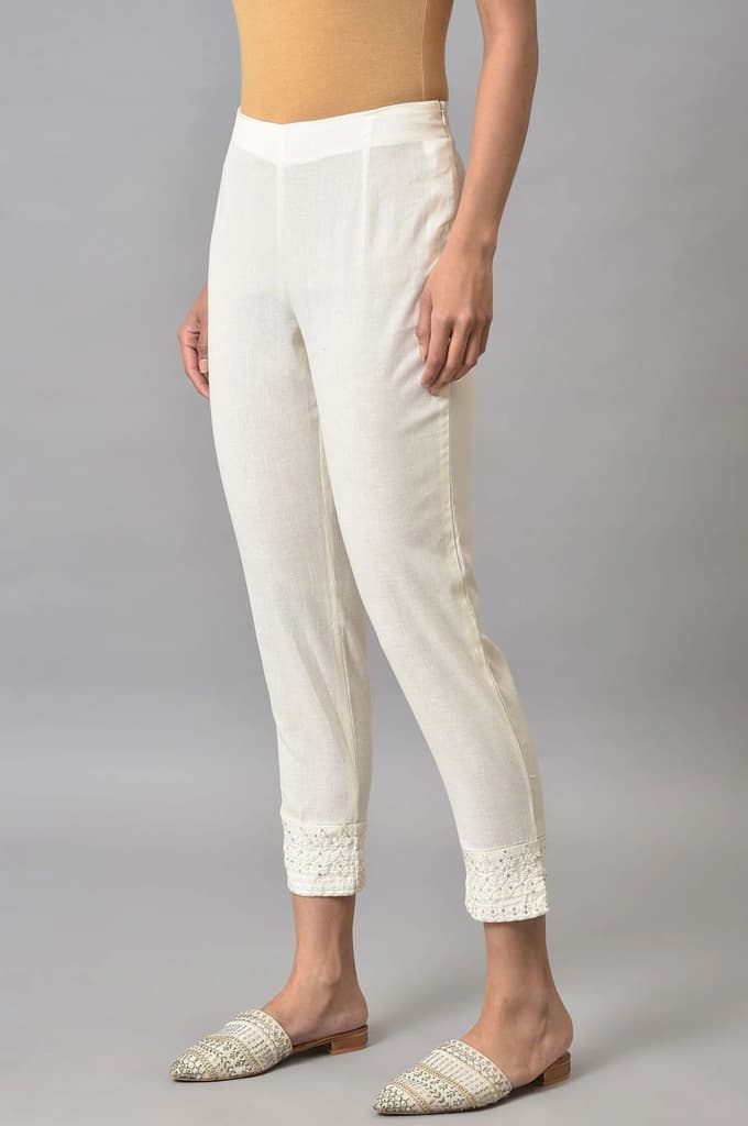 White Embroidered Cotton Flax Slim Pants — photo 3