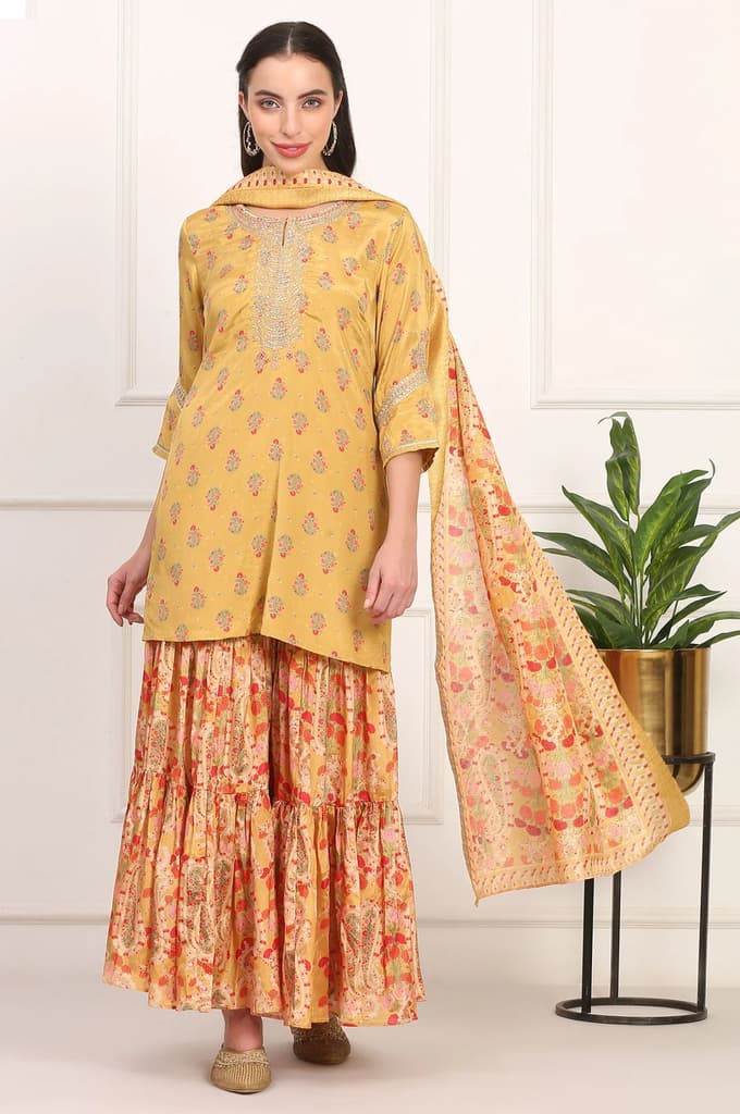 Yellow Embroidered Straight Shantung Kurta with Sharara and Dupatta Set — photo 2