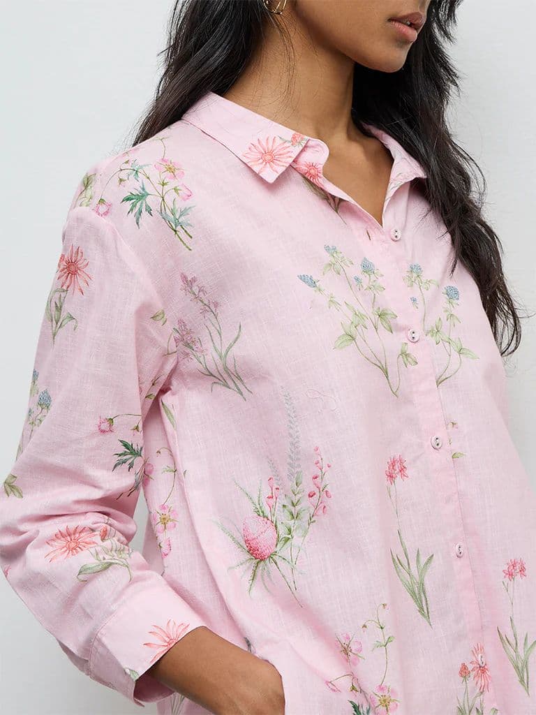 Utsa Light Pink Foliage Printed Cotton Tunic — photo 3