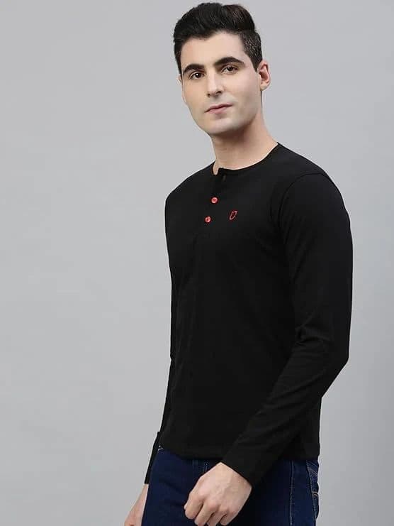 Men's Black Solid Henley Neck Slim Fit Cotton T-Shirt — photo 2