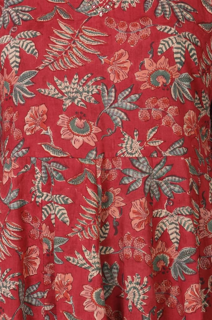 Maroon Floral Printed Embroidered Pure Cotton A-line Kurta — photo 2