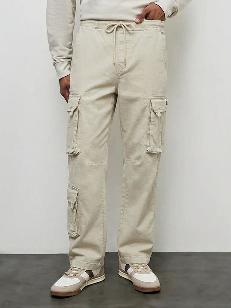 Nuon Beige Relaxed-Fit Mid-Rise Cotton-Blend Cargo Pants — photo 2