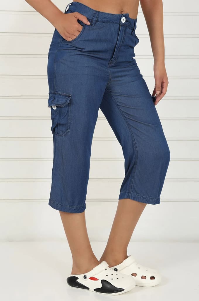 Blue Linen Lyocell Mid Rise Calf Length Capri with YKK Zipper — photo 5