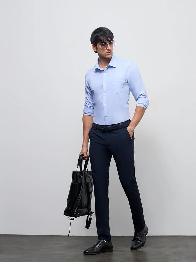 WES Formals Blue Solid Slim-Fit Cotton Shirt — photo 2