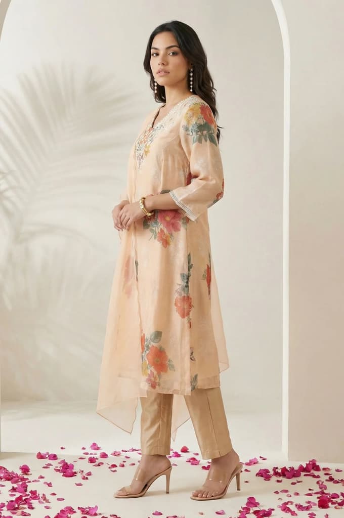 Peach Floral Printed Tissue Straight Kurta with Straight Pants and Dupatta Set — photo 4