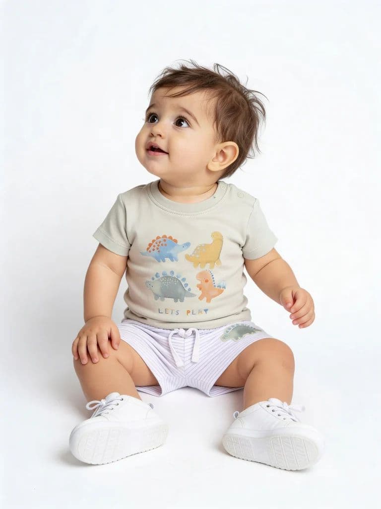 HOP Baby Boys Sage Dinosaur Printed Cotton T-Shirt and Shorts Set