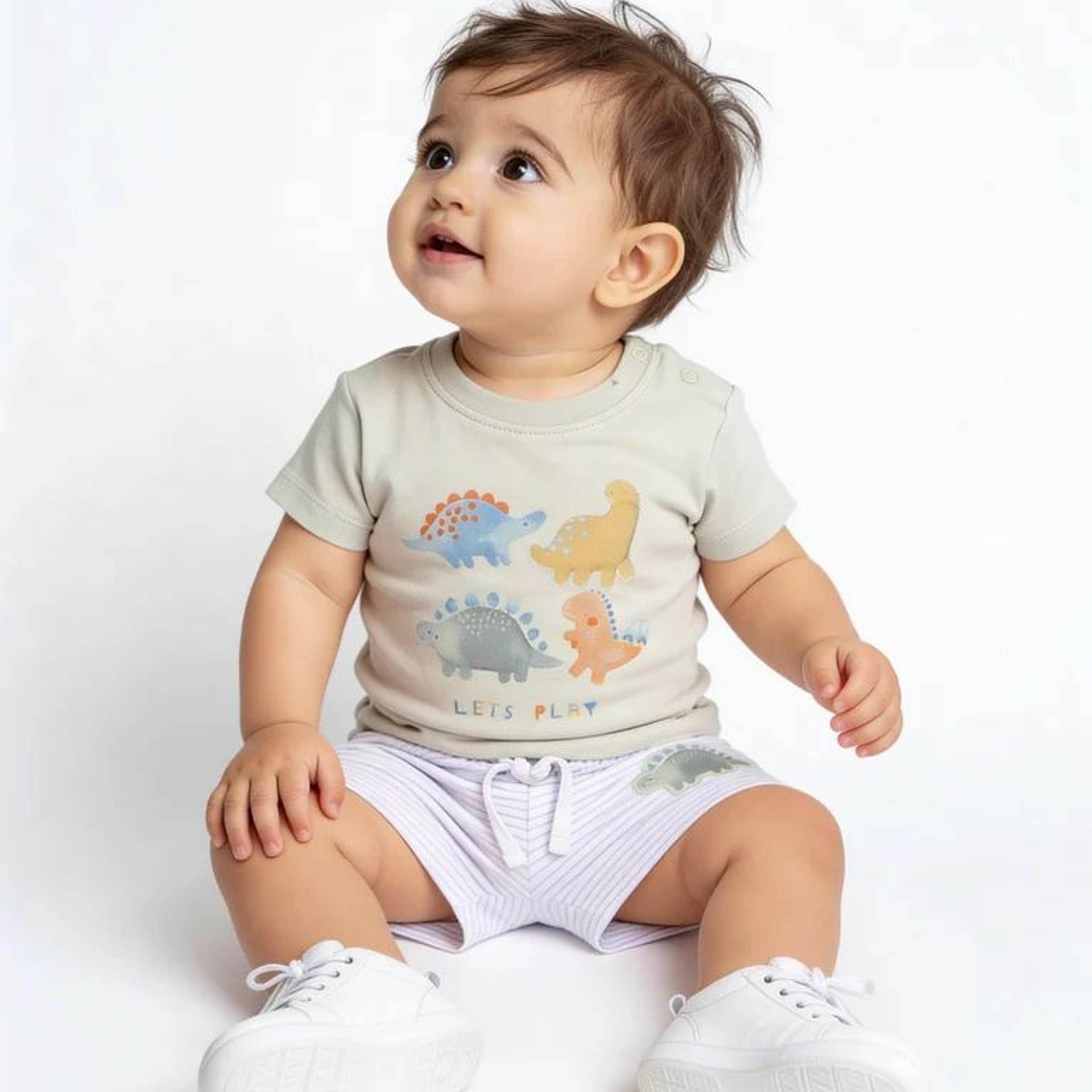 HOP Baby Boys Sage Dinosaur Printed Cotton T-Shirt and Shorts Set