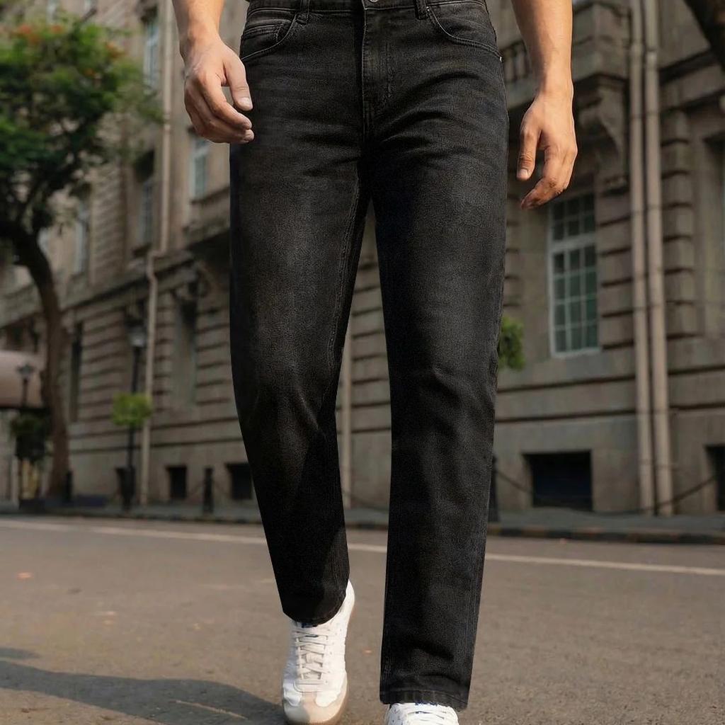 Men's Black Relaxed Fit Washed Denim Jeans Non-Stretchable