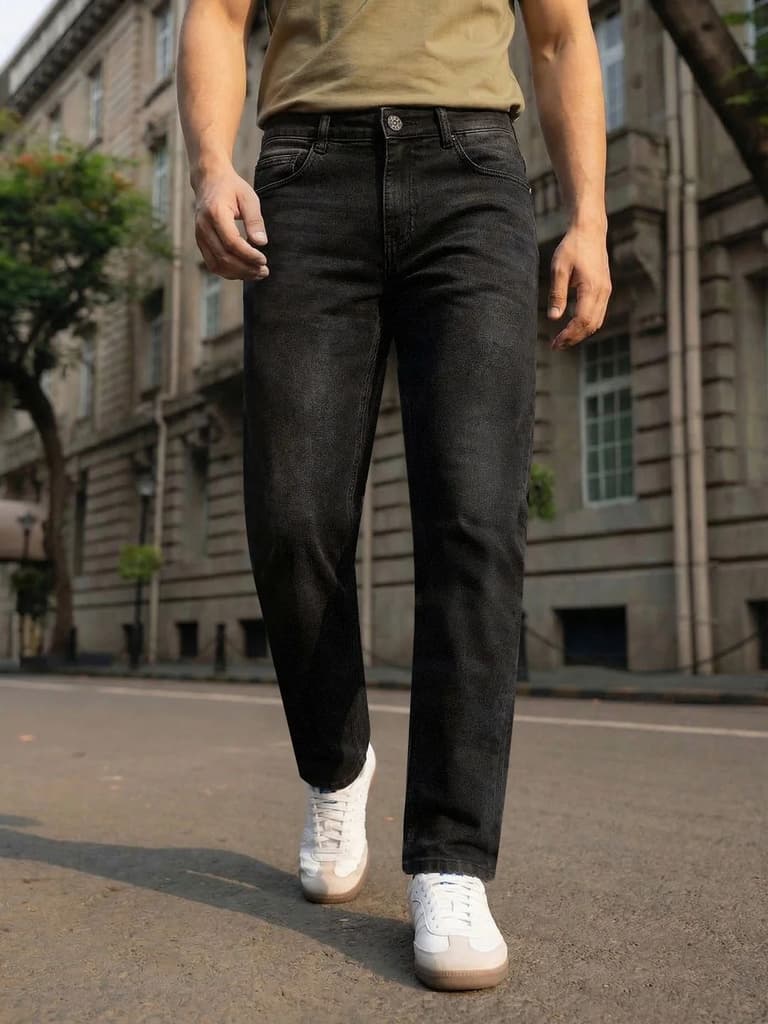 Men's Black Relaxed Fit Washed Denim Jeans Non-Stretchable — 28 / Black