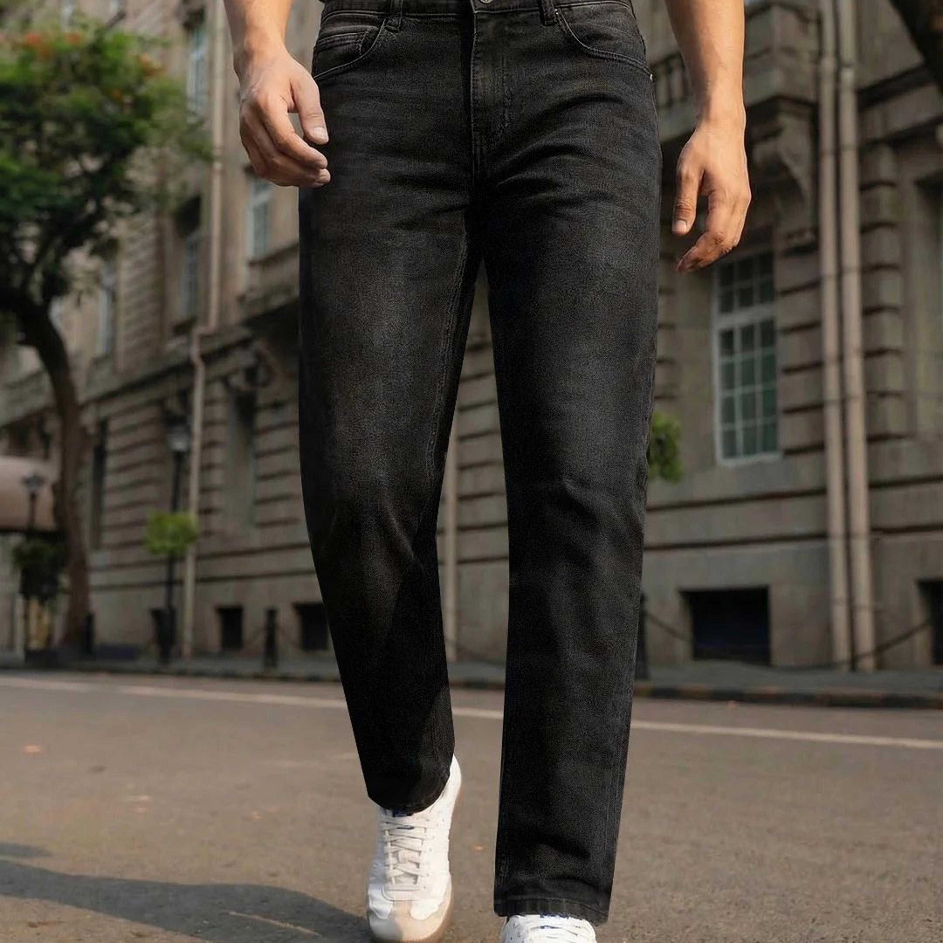 Men's Black Relaxed Fit Washed Denim Jeans Non-Stretchable