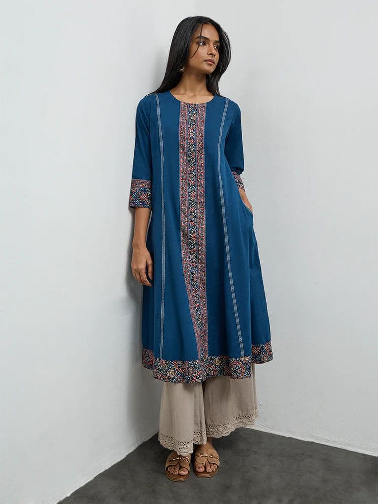 Utsa Indigo Printed Cotton A-Line Kurta