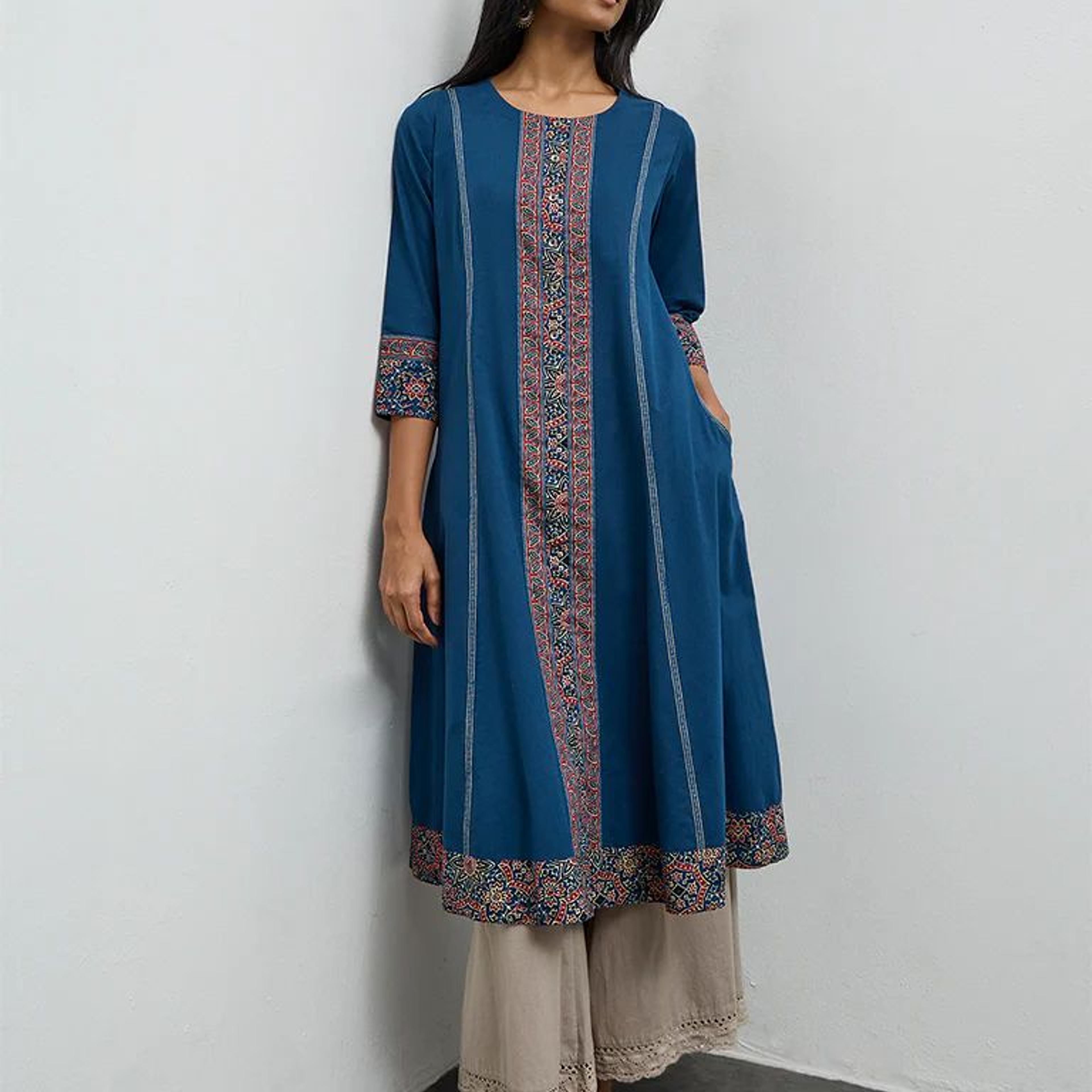 Utsa Indigo Printed Cotton A-Line Kurta