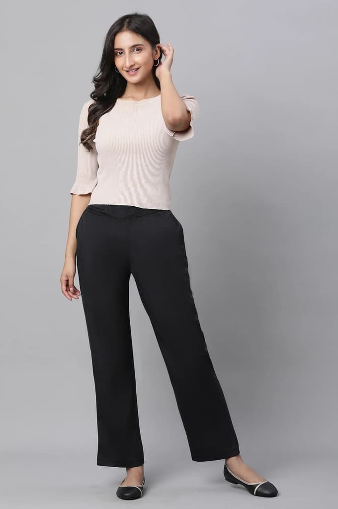 Black Solid Straight Fit Pants With Elasticated Waist — photo 5