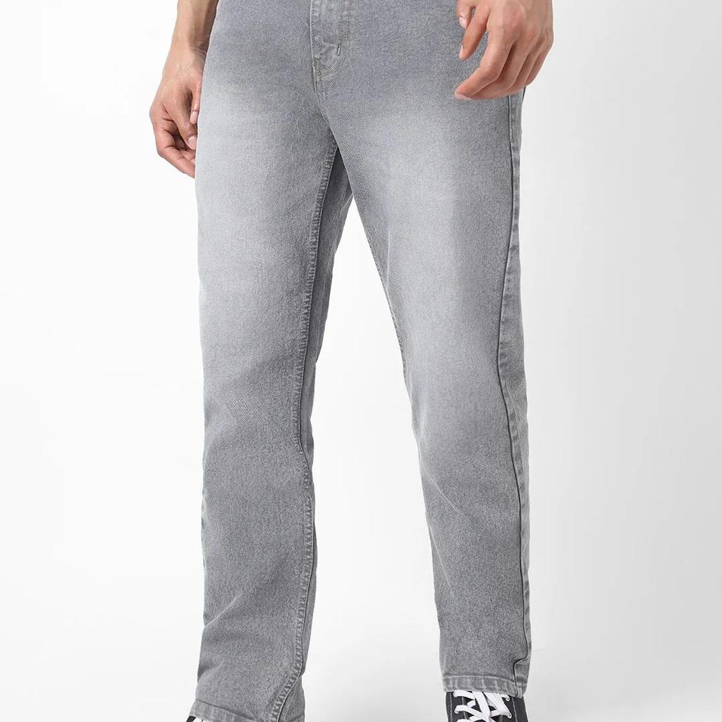 Men's Grey Straight Fit Washed Jeans Stretchable