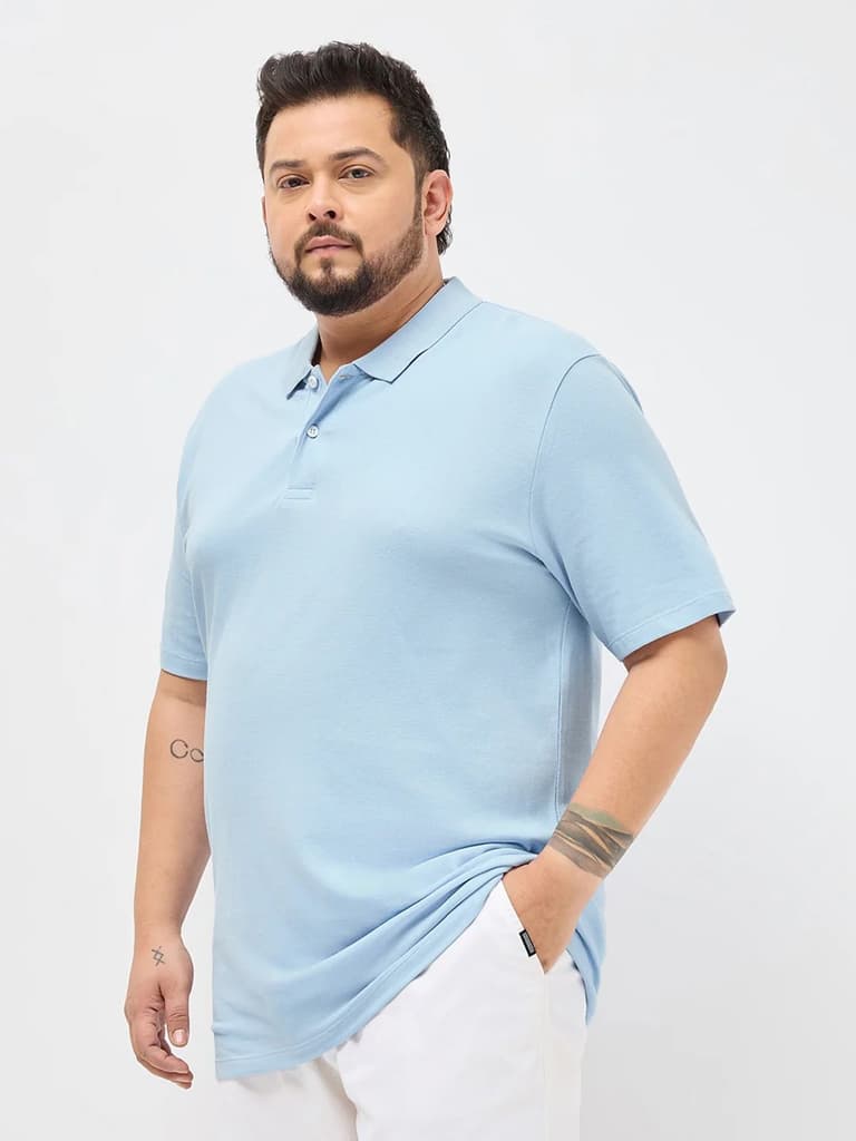 Plus Men's Light Sky Blue Solid Regular Fit Half Sleeve Cotton Polo T-Shirt — photo 2