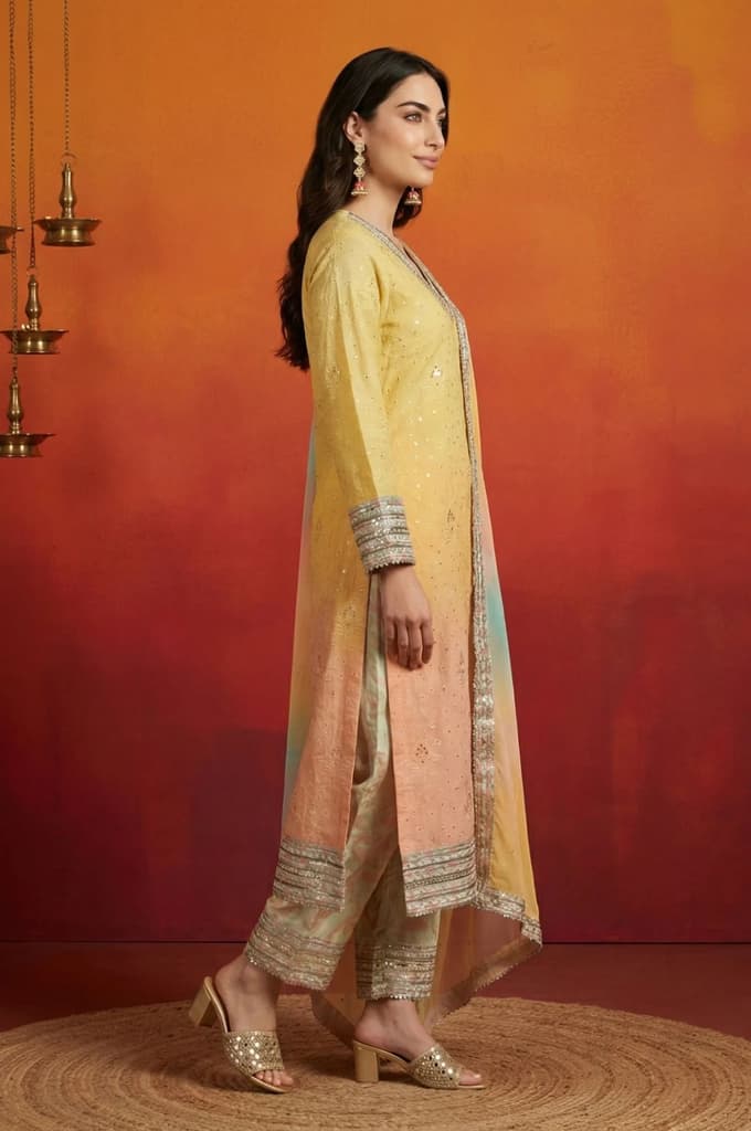 Yellow Ombre Thread Embroidered Georgette Straight Kurta with and Dupatta Set — photo 6