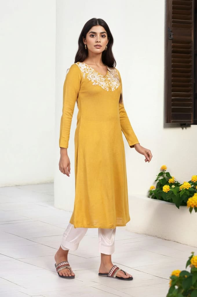 Mustard Embroidered A-Line Acrylic Winter Kurta — photo 4