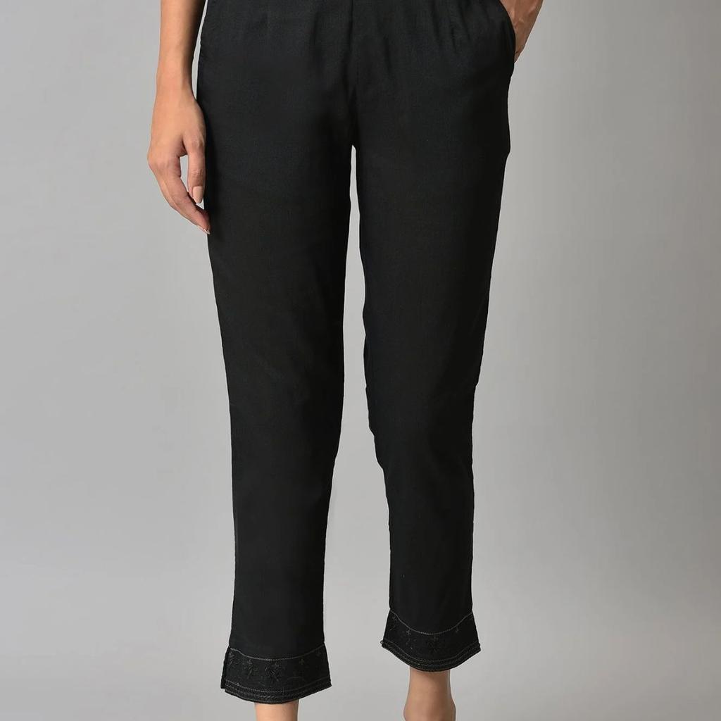 Black Floral Printed Straight Fit Pants With Elasticated Waist