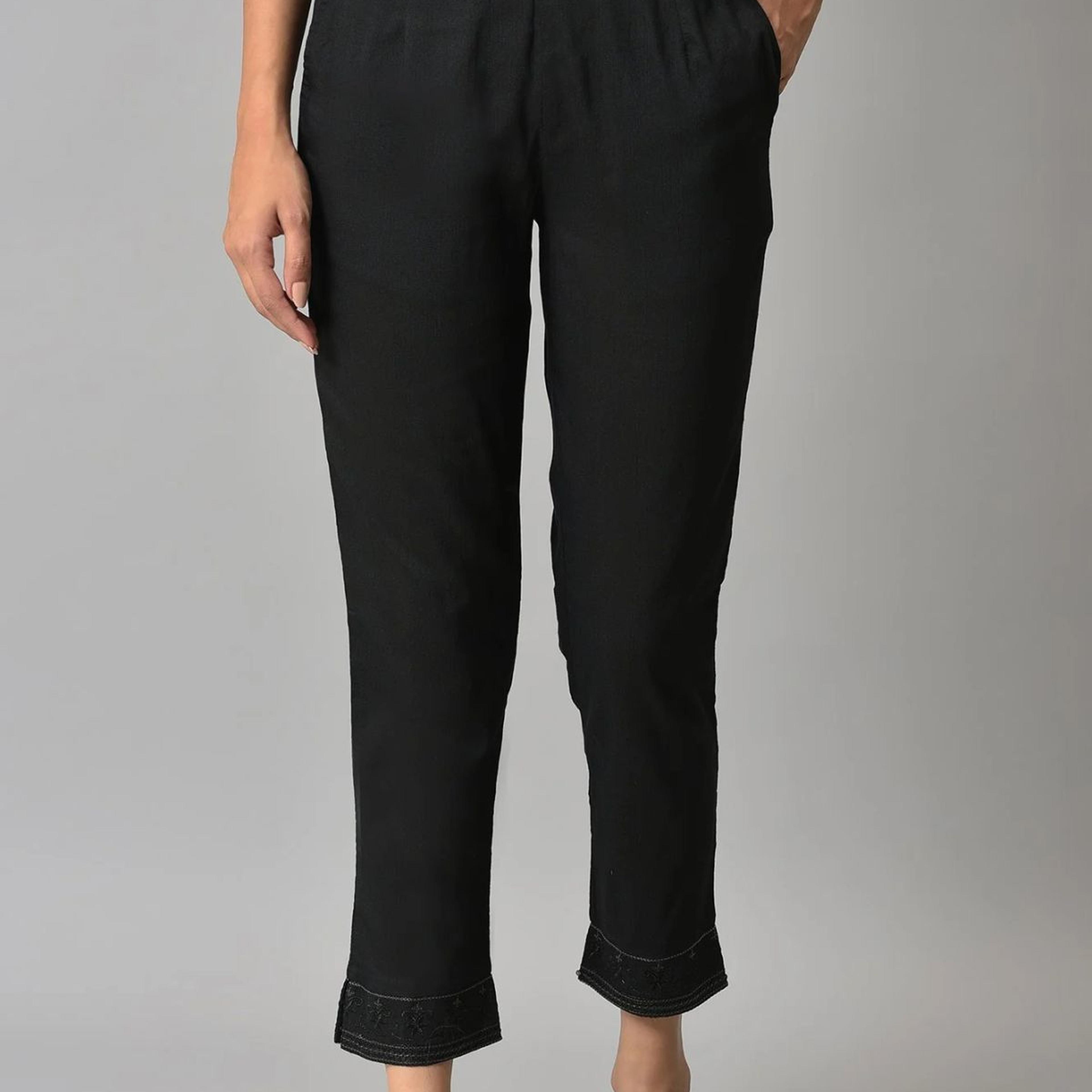 Black Floral Printed Straight Fit Pants With Elasticated Waist